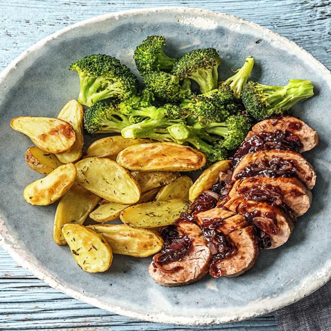 Cherry Balsamic Pork with Thyme-Roasted Potatoes and Broccoli