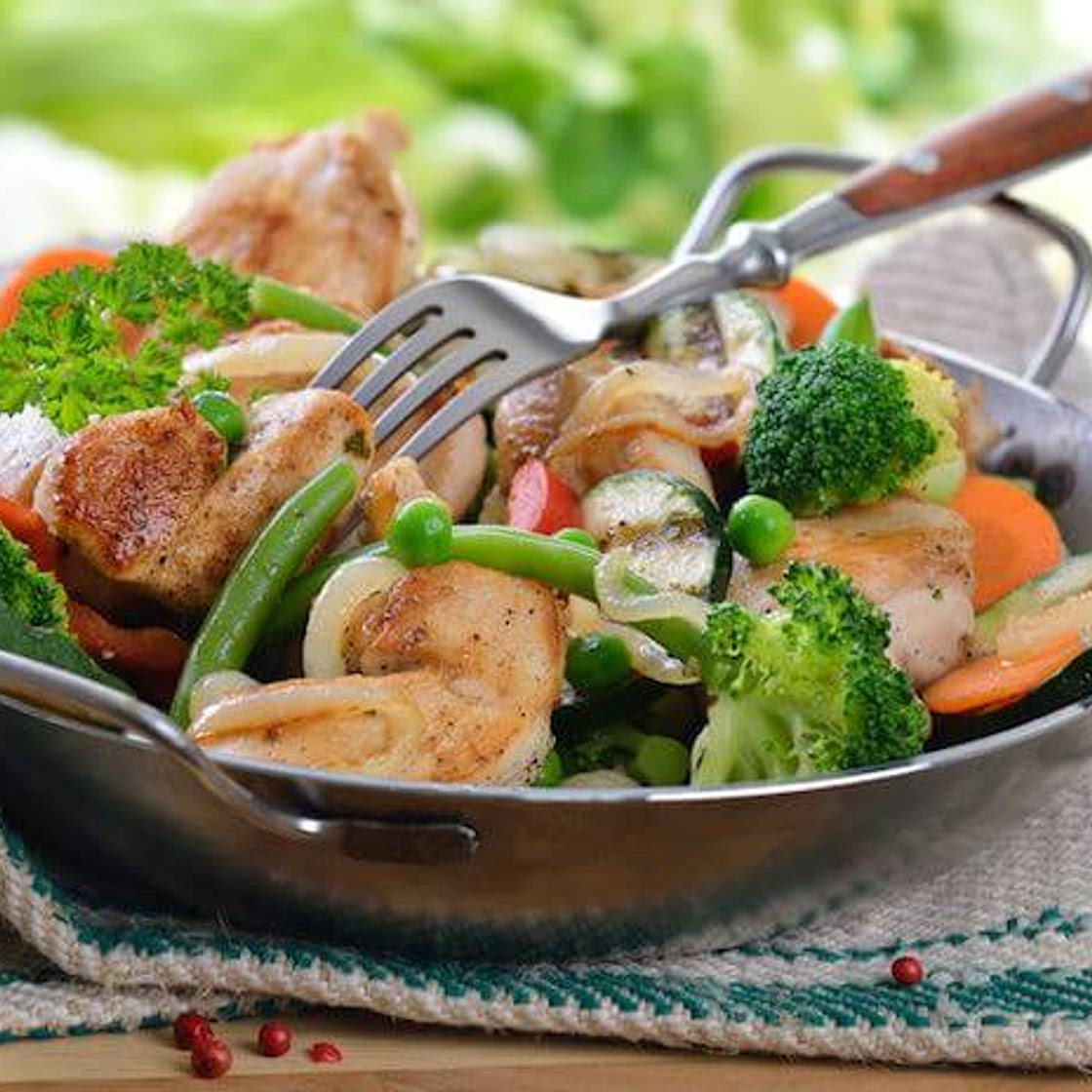 Gemüsepfanne mit Hühnerstreifen Rezept