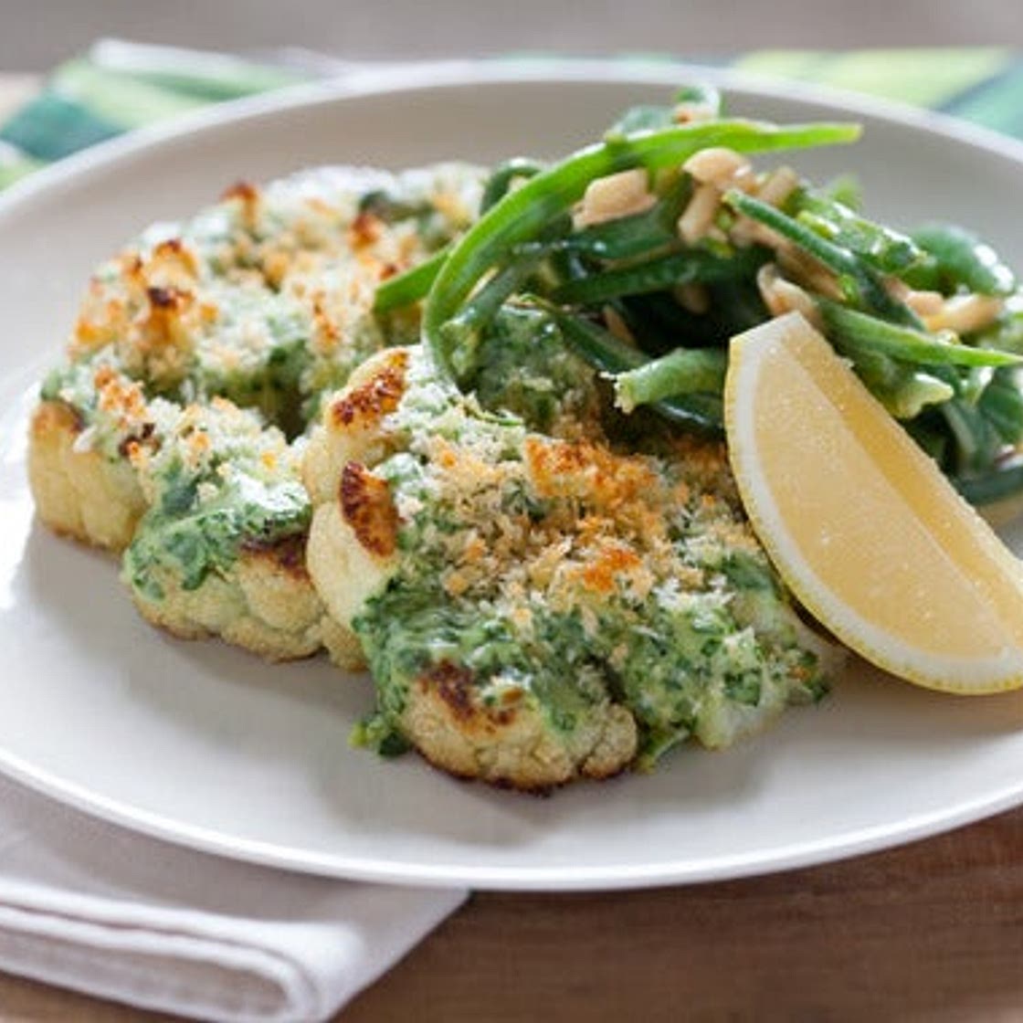 Cauliflower Steaks with Spinach Gratin & Green Beans