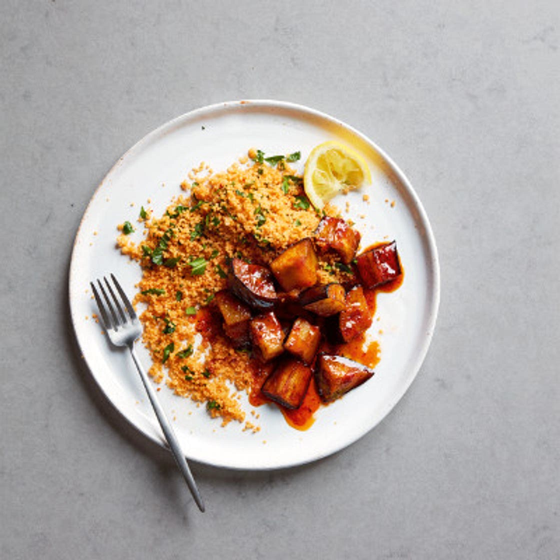Spiced honeyed aubergines with harissa couscous