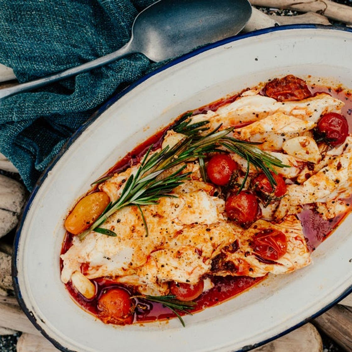 Halibut with Spicy Sausage, Tomatoes, and Rosemary