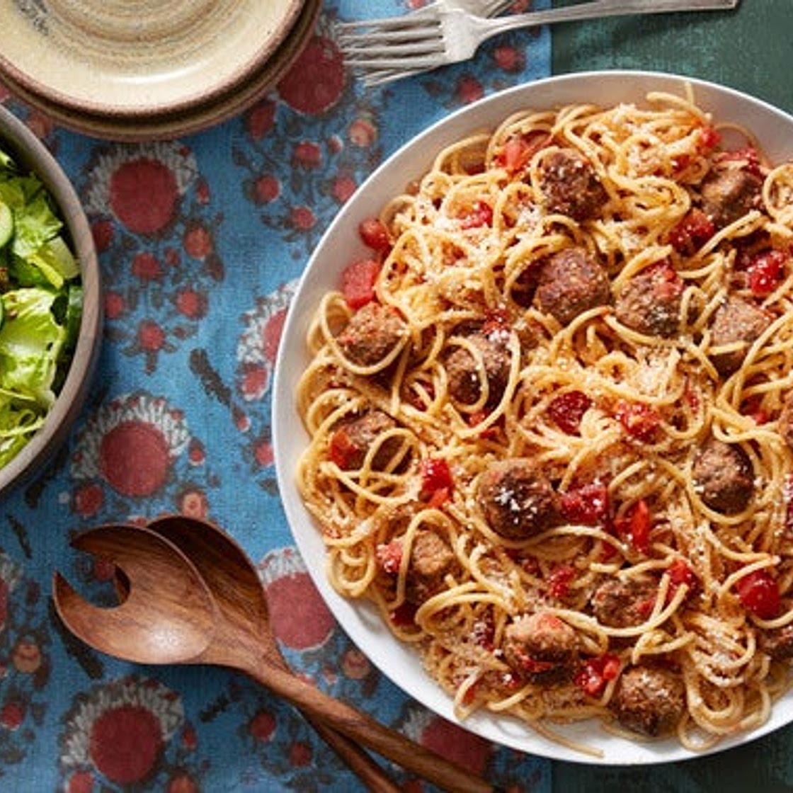 Spaghetti & Meatballs with Romaine Salad & Oregano Dressing