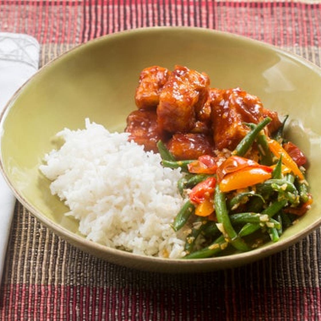Spicy Sweet & Sour Tofu with Sesame Green Beans & Cherry Tomatoes