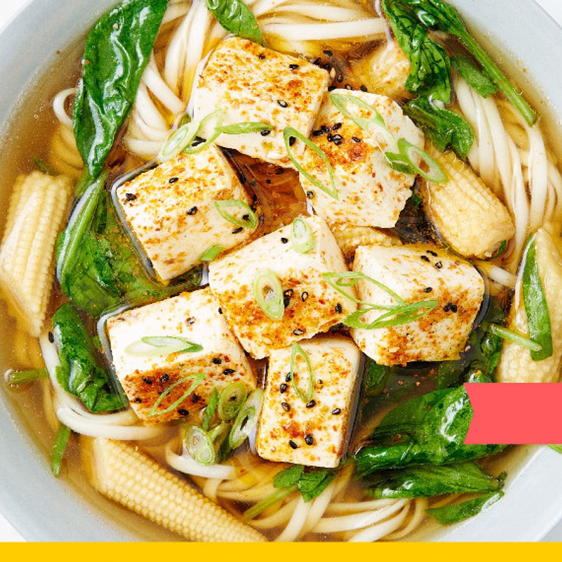 Spicy Tofu Ramen with Baby Corn and Spinach
