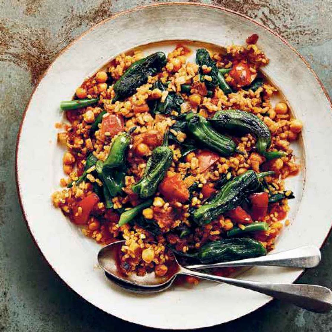 Paella with Chickpeas, Green Beans, and Shishito Peppers