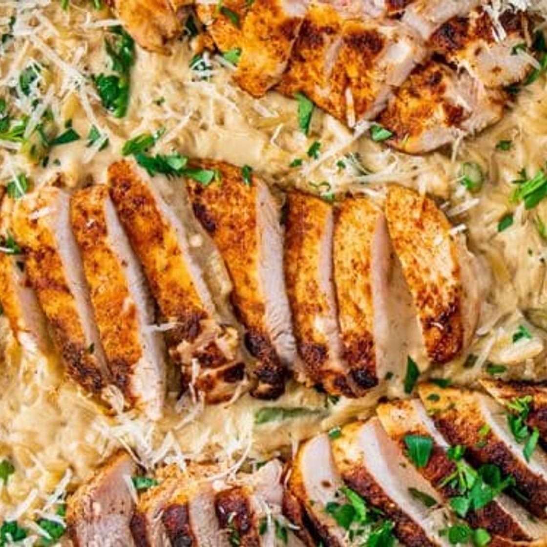 Creamy Parmesan Orzo with Chicken and Asparagus