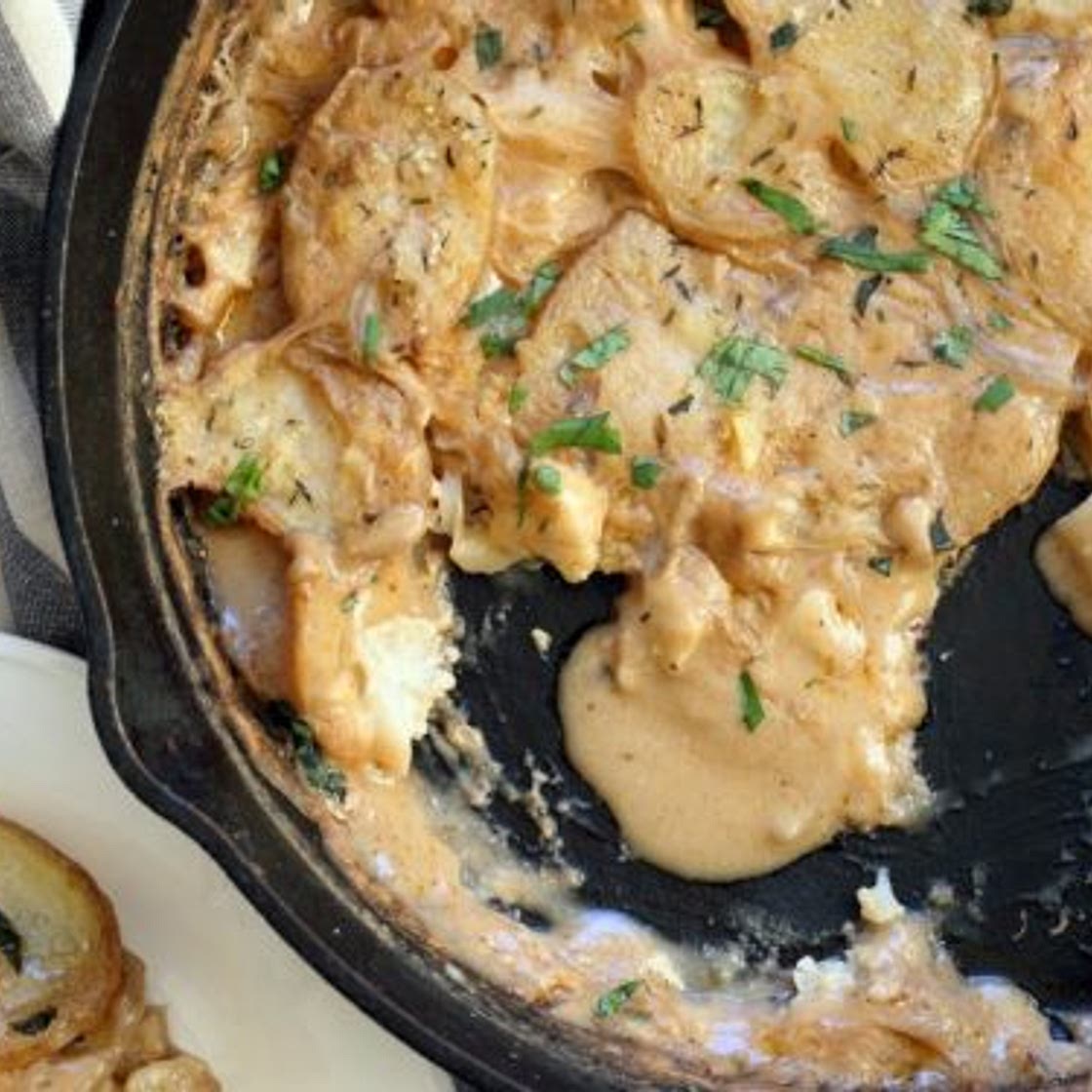 Vegan Scalloped Potatoes and Cauliflower with Jamaican Curry Spices