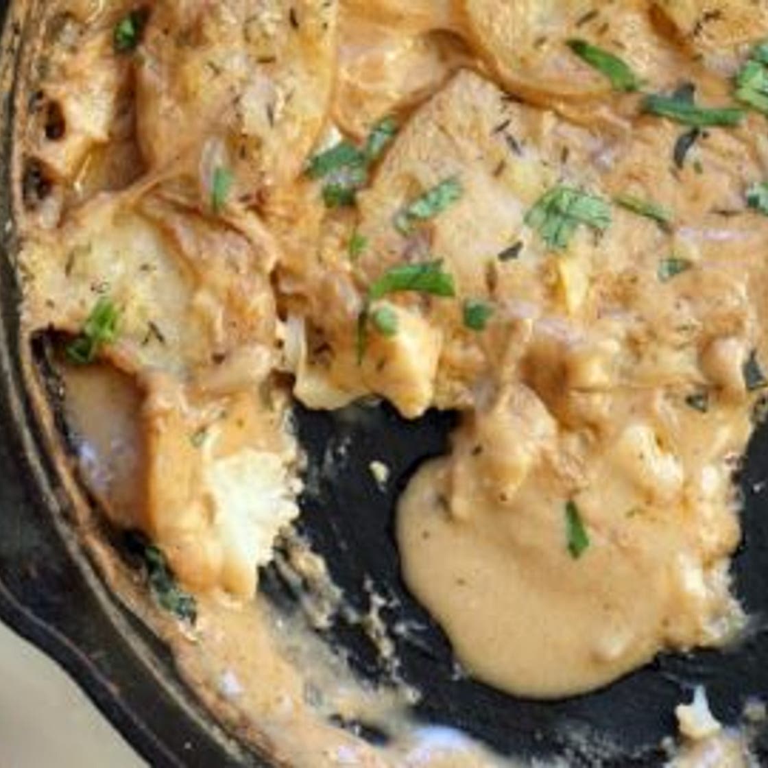 Vegan Scalloped Potatoes and Cauliflower with Jamaican Curry Spices