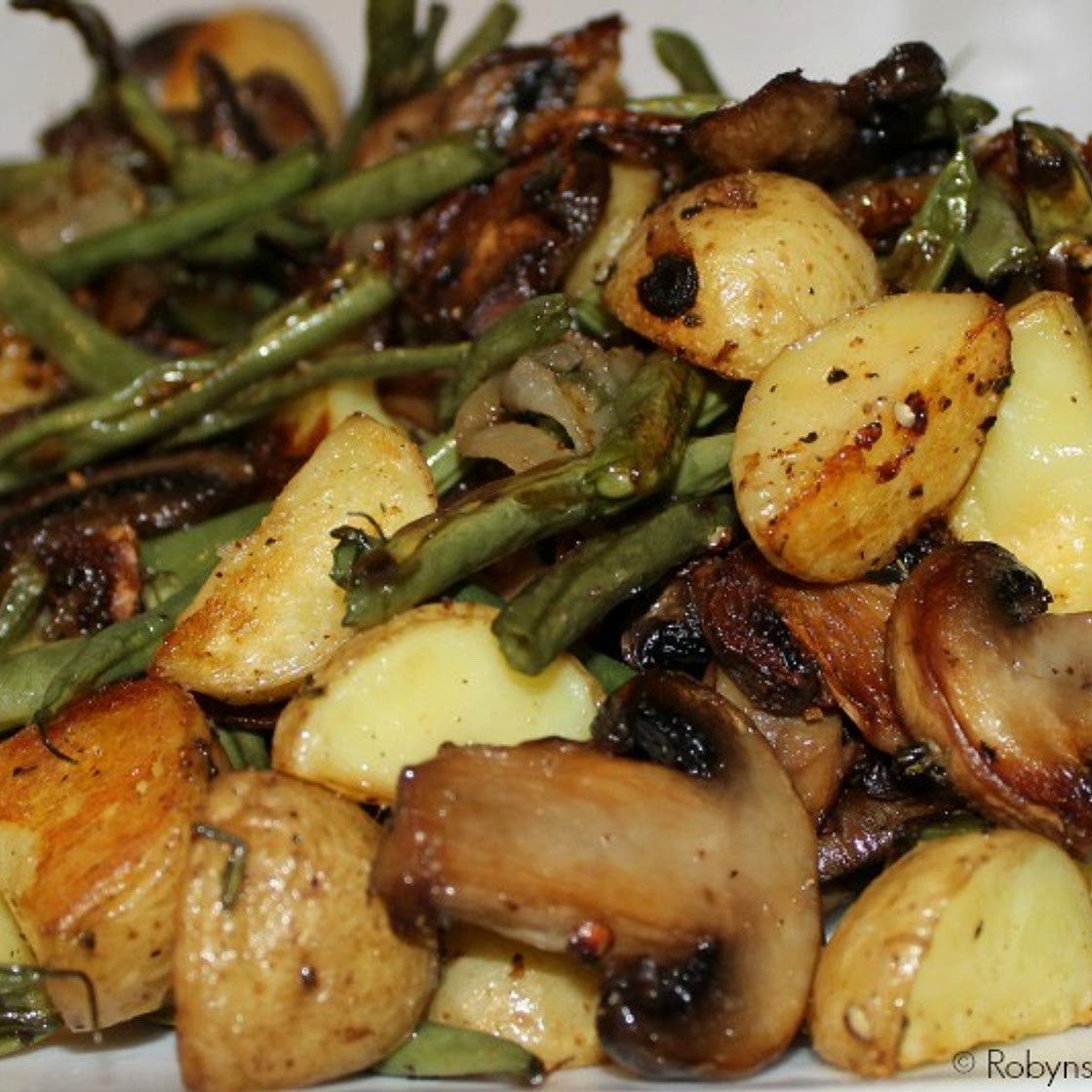 Oven Roasted Potatoes, Green Beans, Mushrooms and Onions with Thyme and Garlic