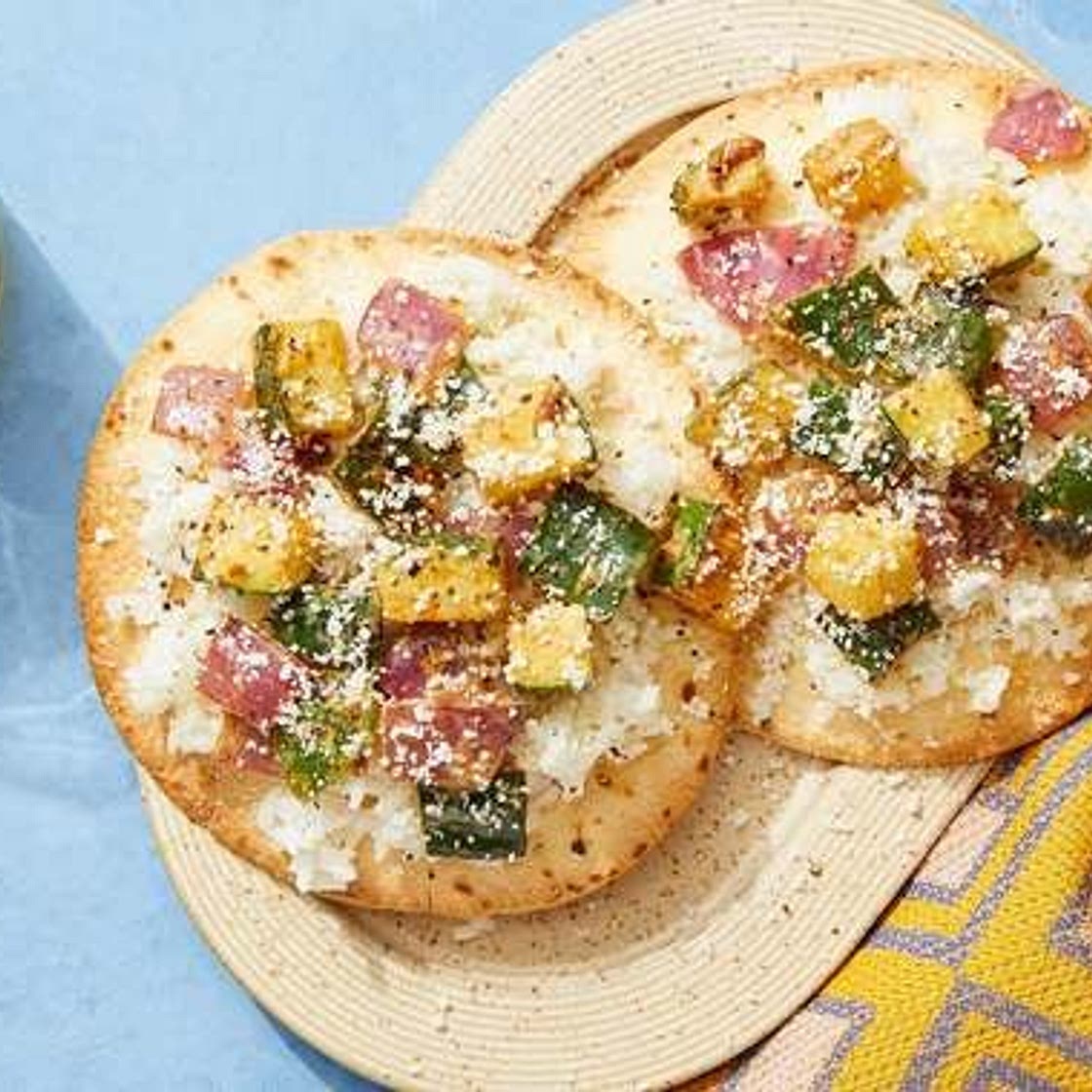 Elote-Style Vegetable Tostadas with Zucchini, Poblano Pepper & Lime Rice