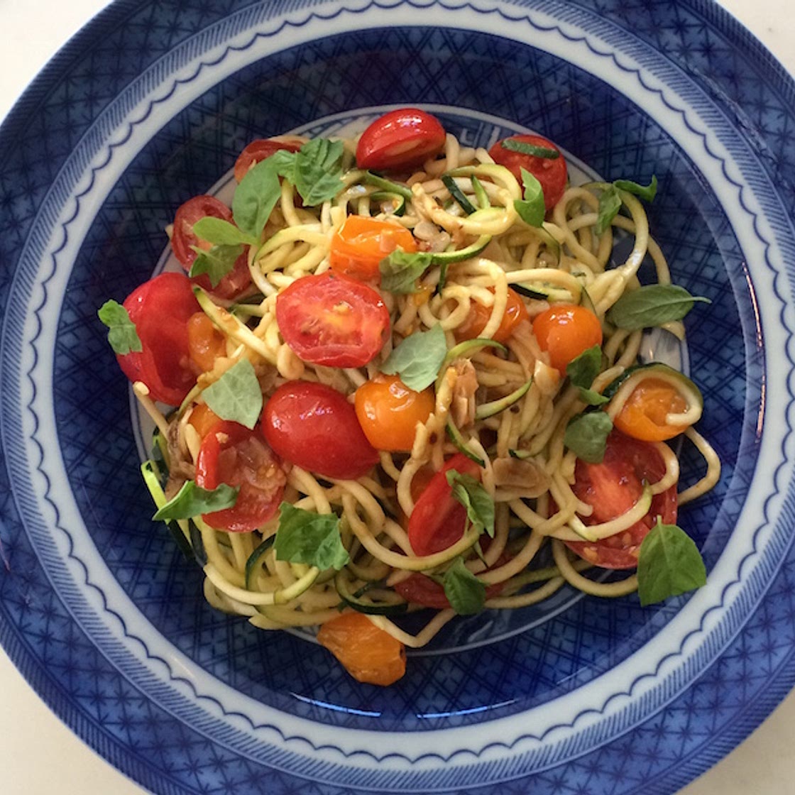 Late Summer “Zoodles” with Cherry Tomatoes