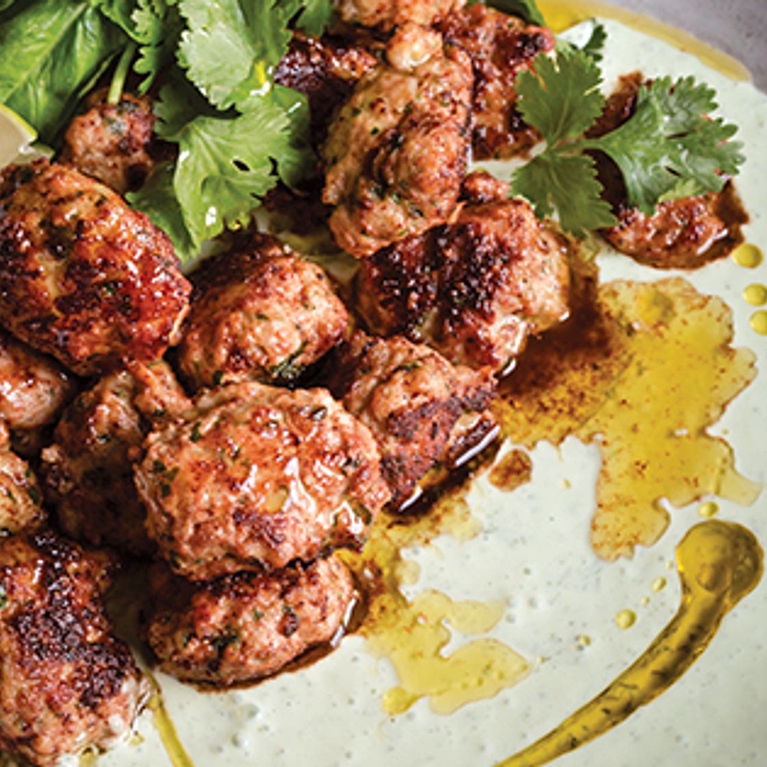 Chimichurri Chicken Meatballs with Herbed Greek Yogurt, Red Quinoa & Green Beans