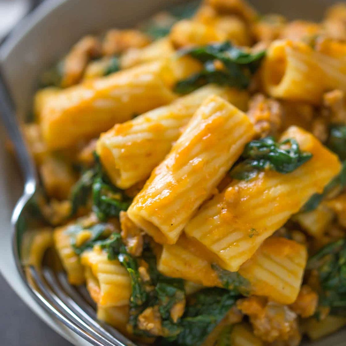 Pumpkin Rigatoni with Italian Sausage & Spinach