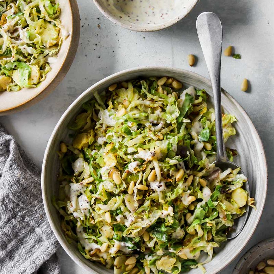 10-Minute Warm Brussels Salad with Whole-Grain Mustard Dressing