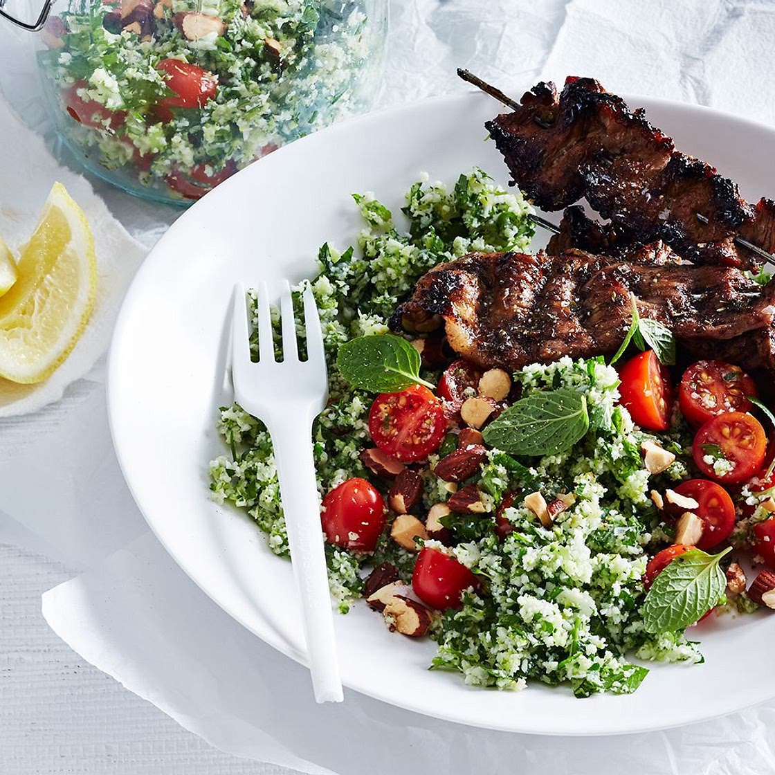 Healthy naked pork kebab bowls