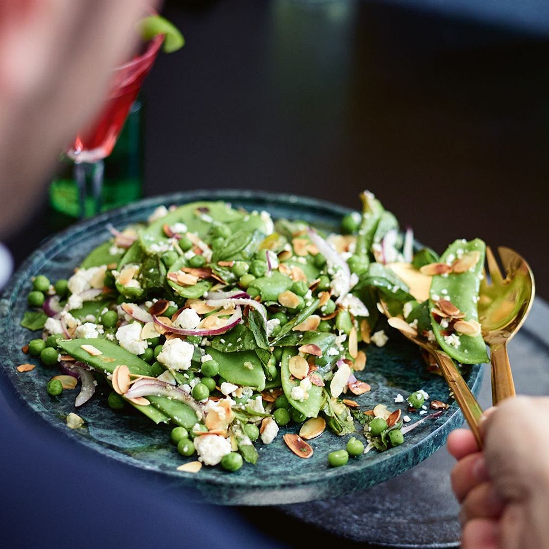 Pea, snow pea, almond and feta salad