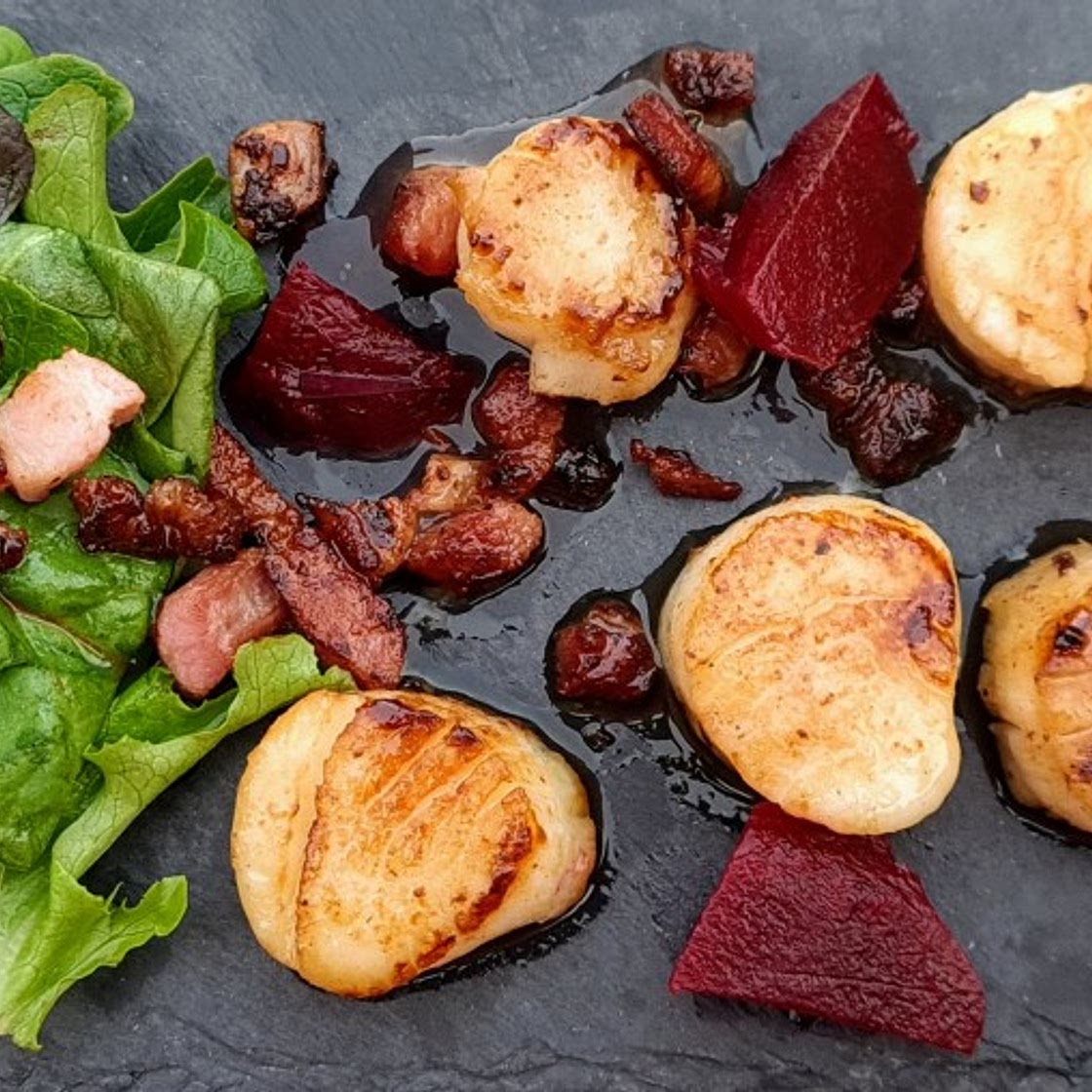 Scallops,  beetroot and bacon