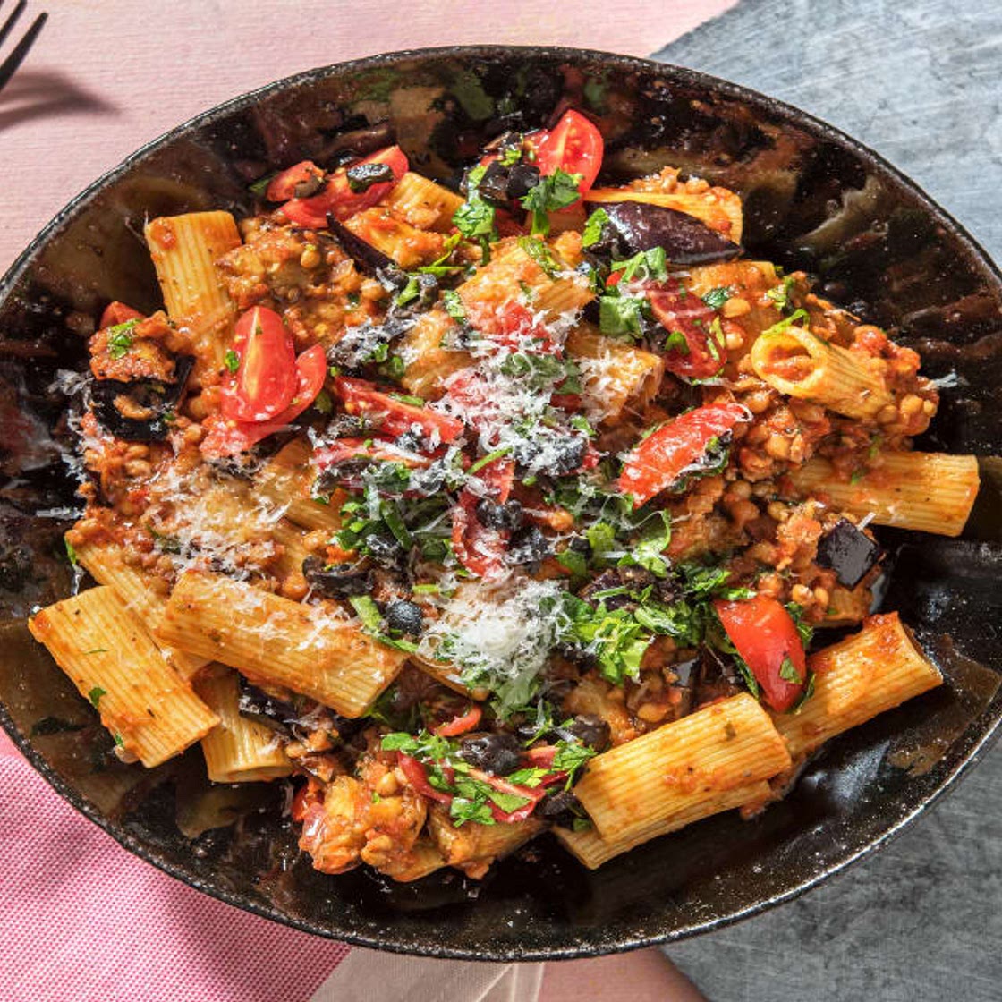 Veggie Rigatoni Bolognaise with Aubergine and Olives