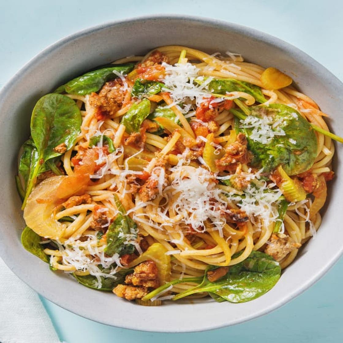Speedy Lamb Bolognese with Fennel, Spinach & Spaghetti