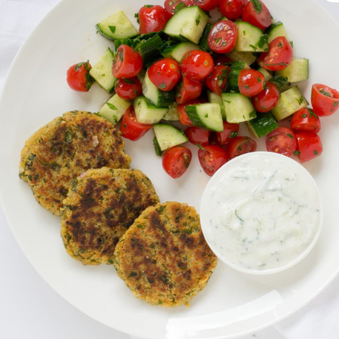 Falafel with Tzatziki and Cucumber-Tomato Salad