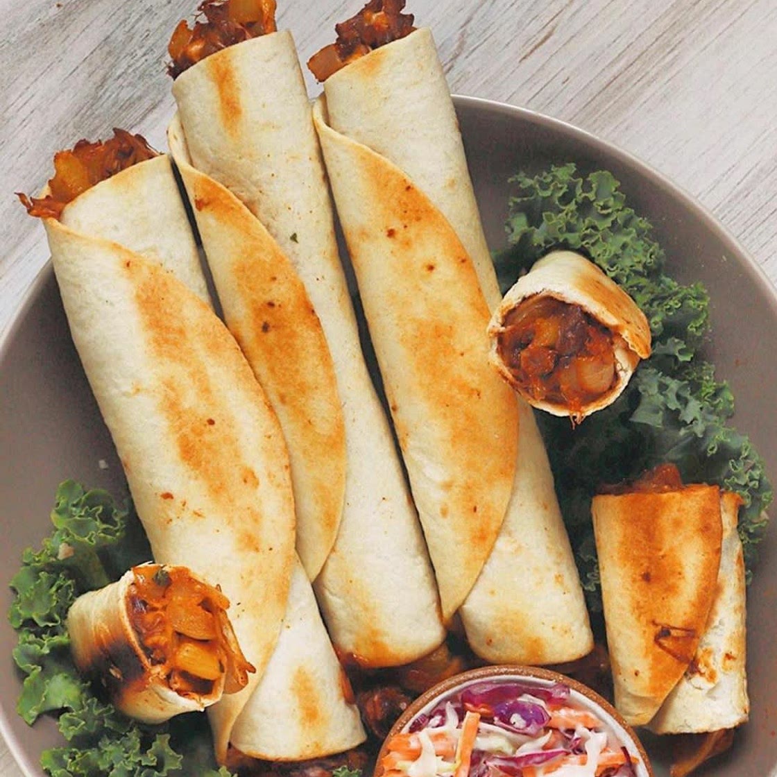 Vegan BBQ pulled pork taquitos