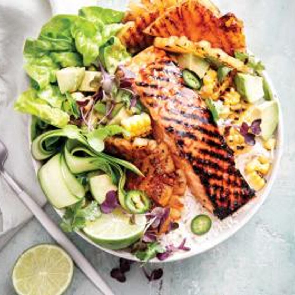 Sticky soy salmon, pineapple & BBQ corn salad bowl