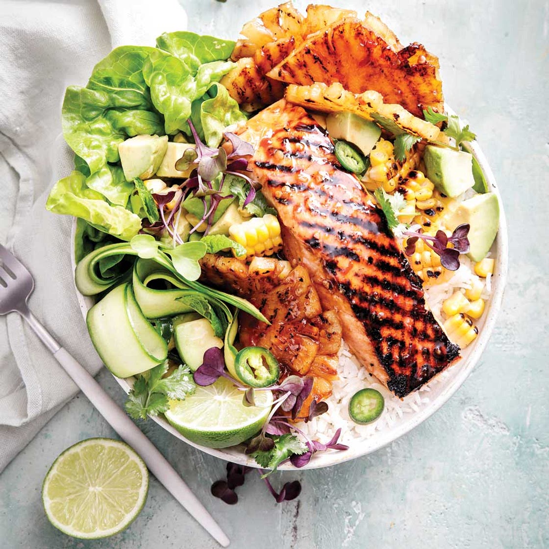 Sticky soy salmon, pineapple & BBQ corn salad bowl