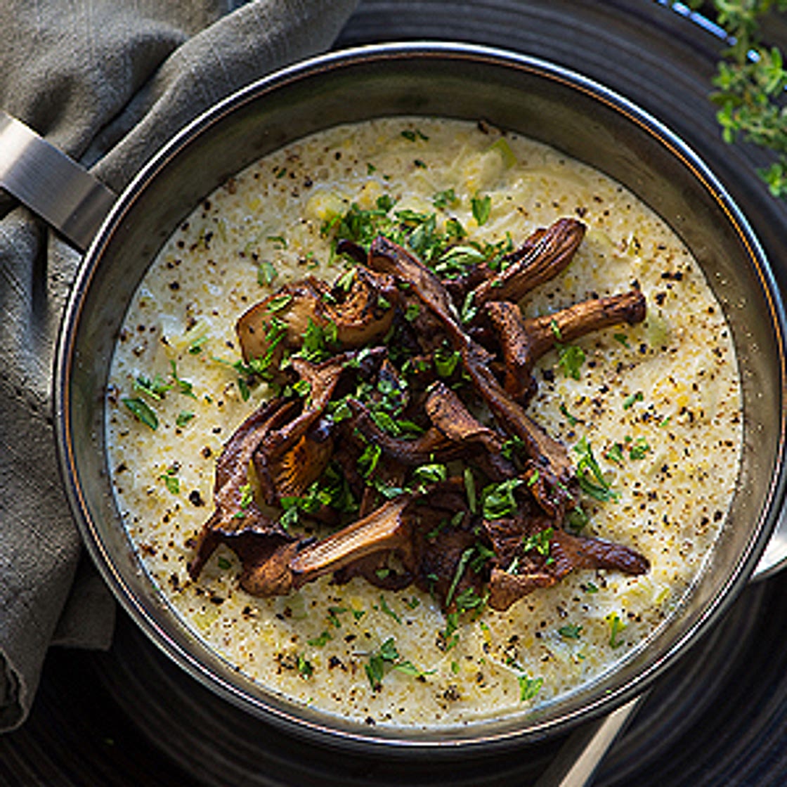 Leek Polenta with Roasted Chanterelle Mushrooms - Rawmazing Raw and Cooked Vegan Recipes