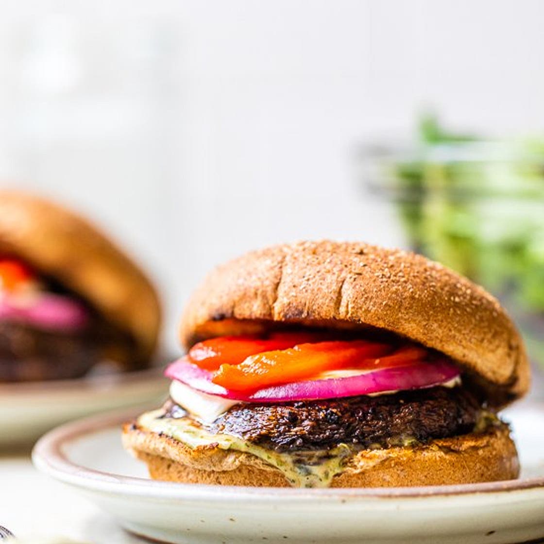 Portobello Mushroom Burger with Mozzarella, Roasted Peppers and Pesto Mayo