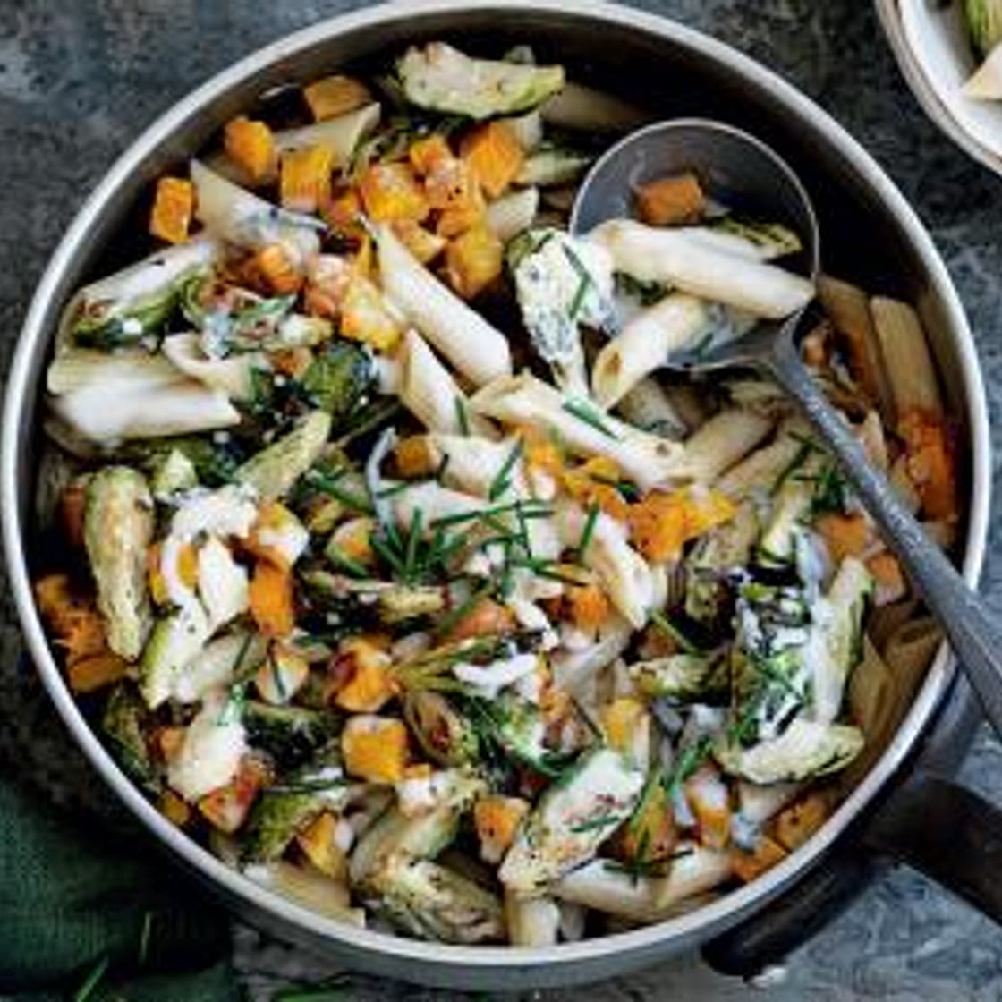 Brussels sprouts, pumpkin and blue cheese pasta