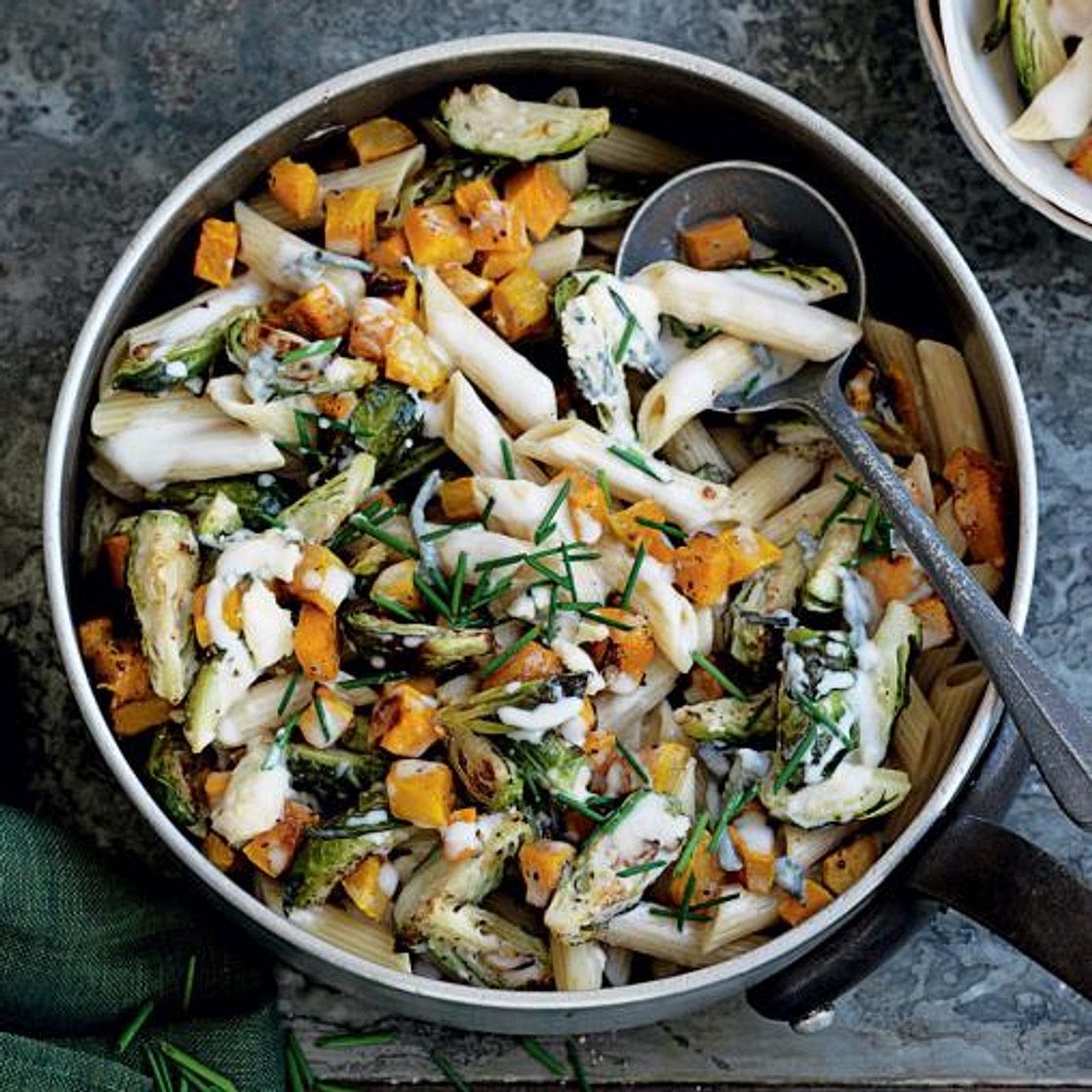 Brussels sprouts, pumpkin and blue cheese pasta
