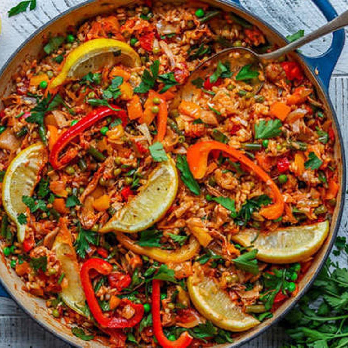 Vegan paella made with banana blossom