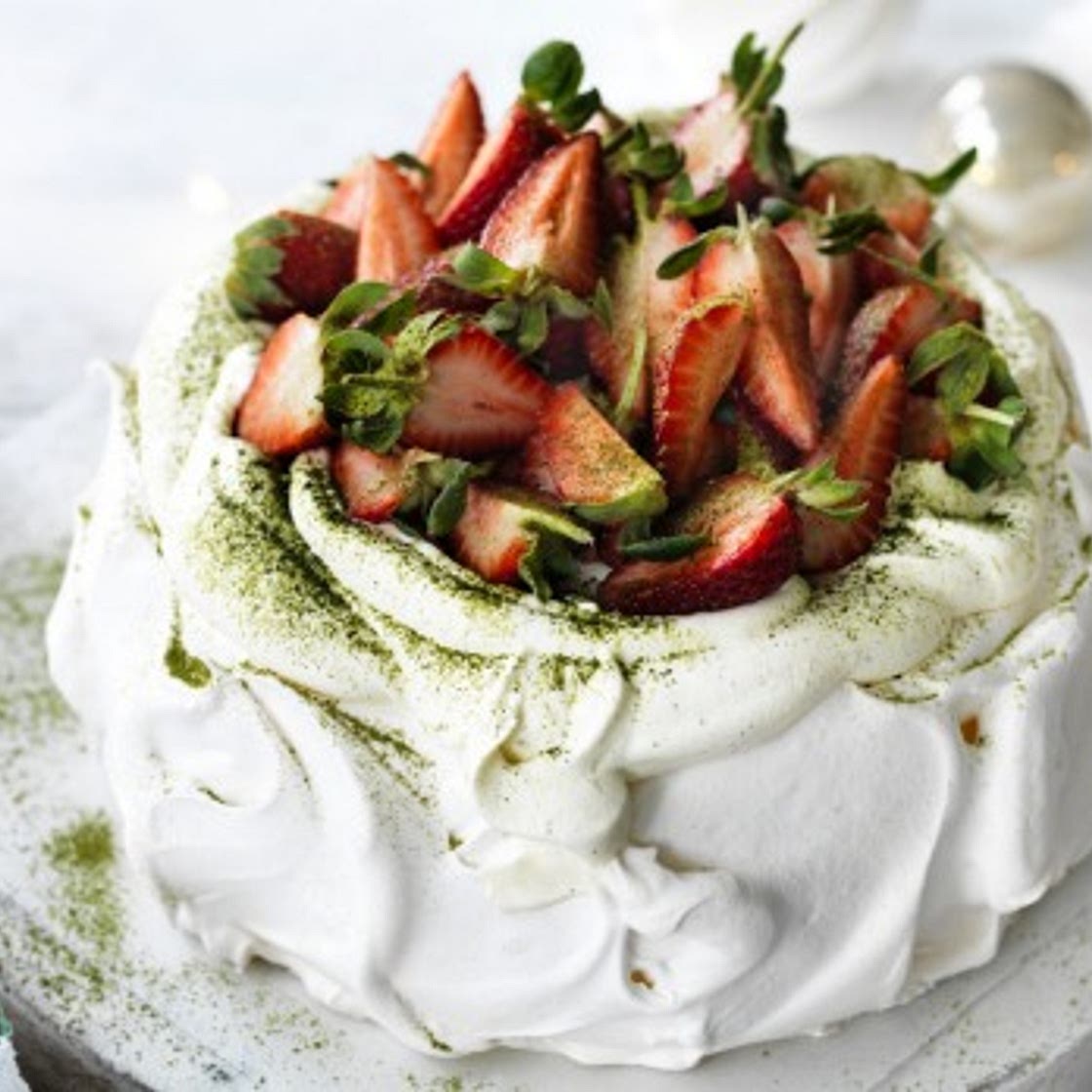 Strawberry matcha pavlova