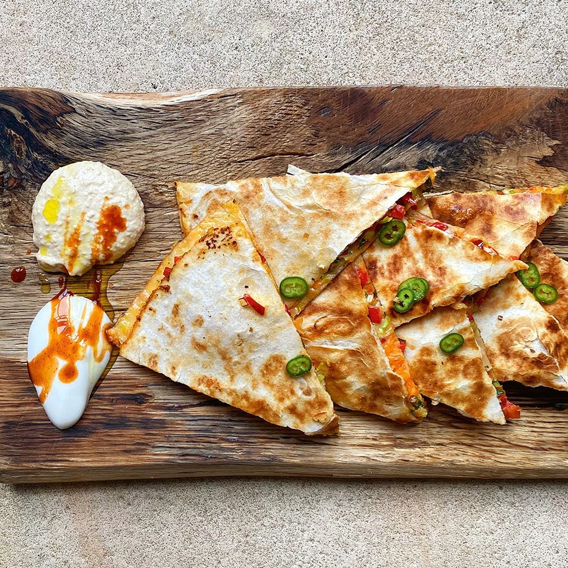 Vegie quesadillas with hummus, yoghurt and chilli sauce recipe