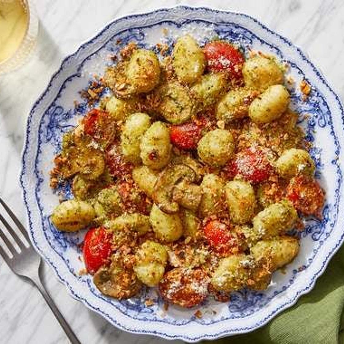 Pesto Gnocchi with Mushrooms & Almond Breadcrumbs