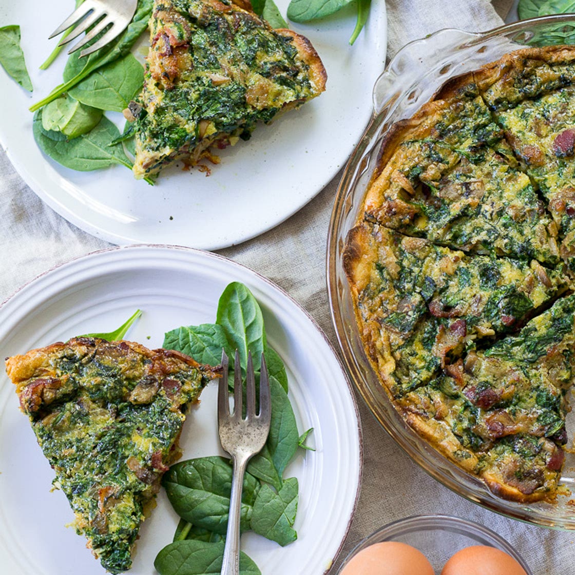 Paleo & Whole30 Spinach Quiche with Bacon Mushrooms and Onions