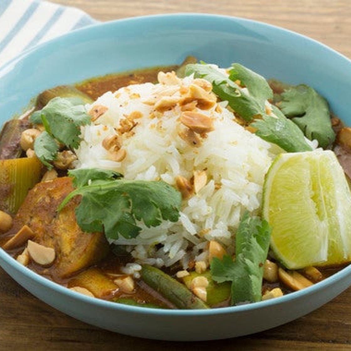Spicy Eggplant & Green Bean Curry with Garlic Rice & Ginger Peanuts