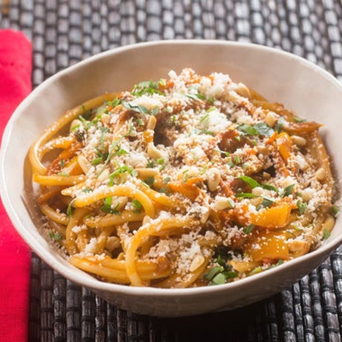 Spicy Peperonata Pasta with Tinkerbell Peppers, Cherry Tomatoes & Pine Nuts