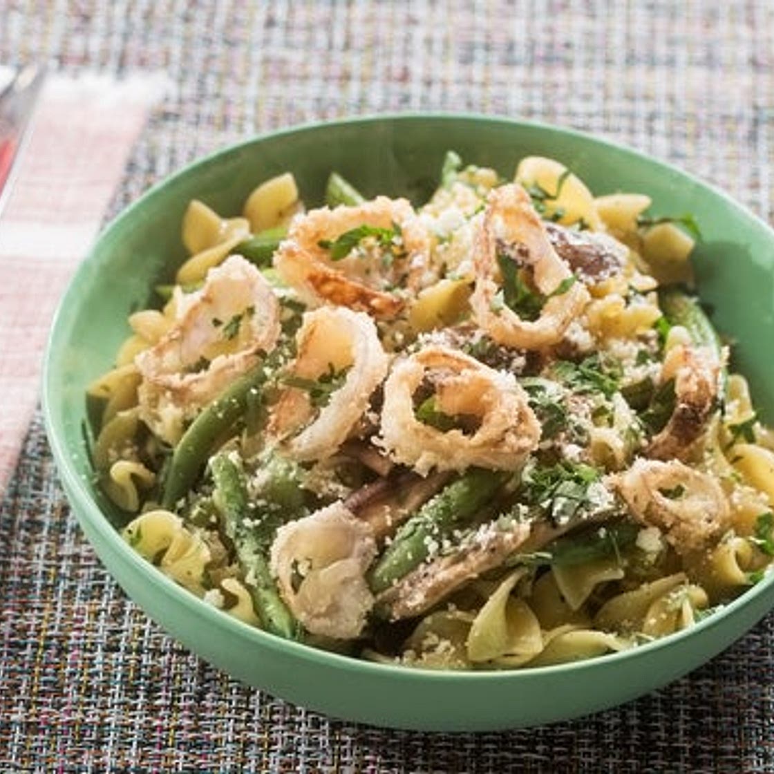 Cremini & Shiitake Mushroom Pasta with Summer Beans & Crispy Shallot Rings