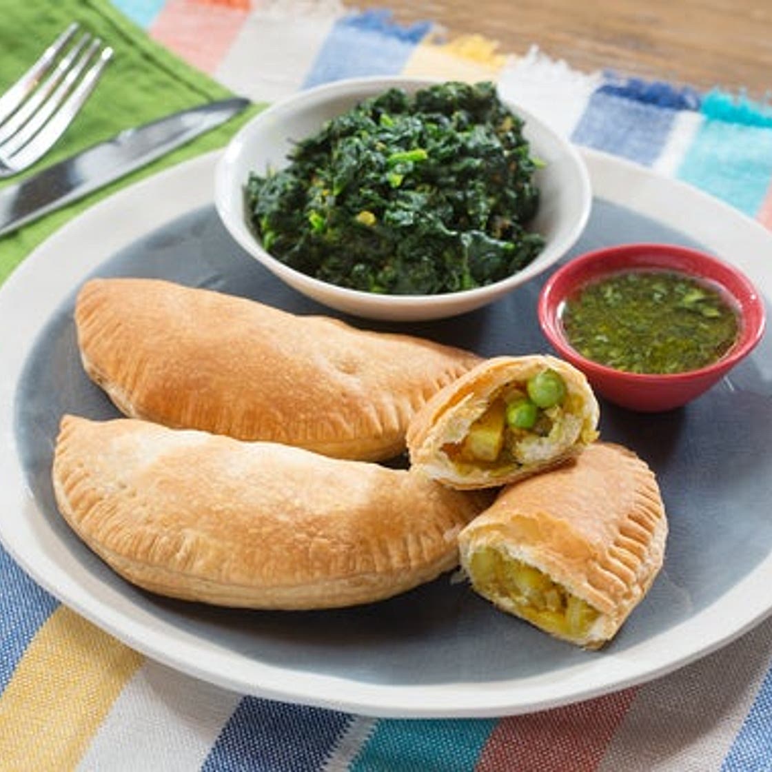Potato & English Pea Samosas with Saag & Cilantro Chutney