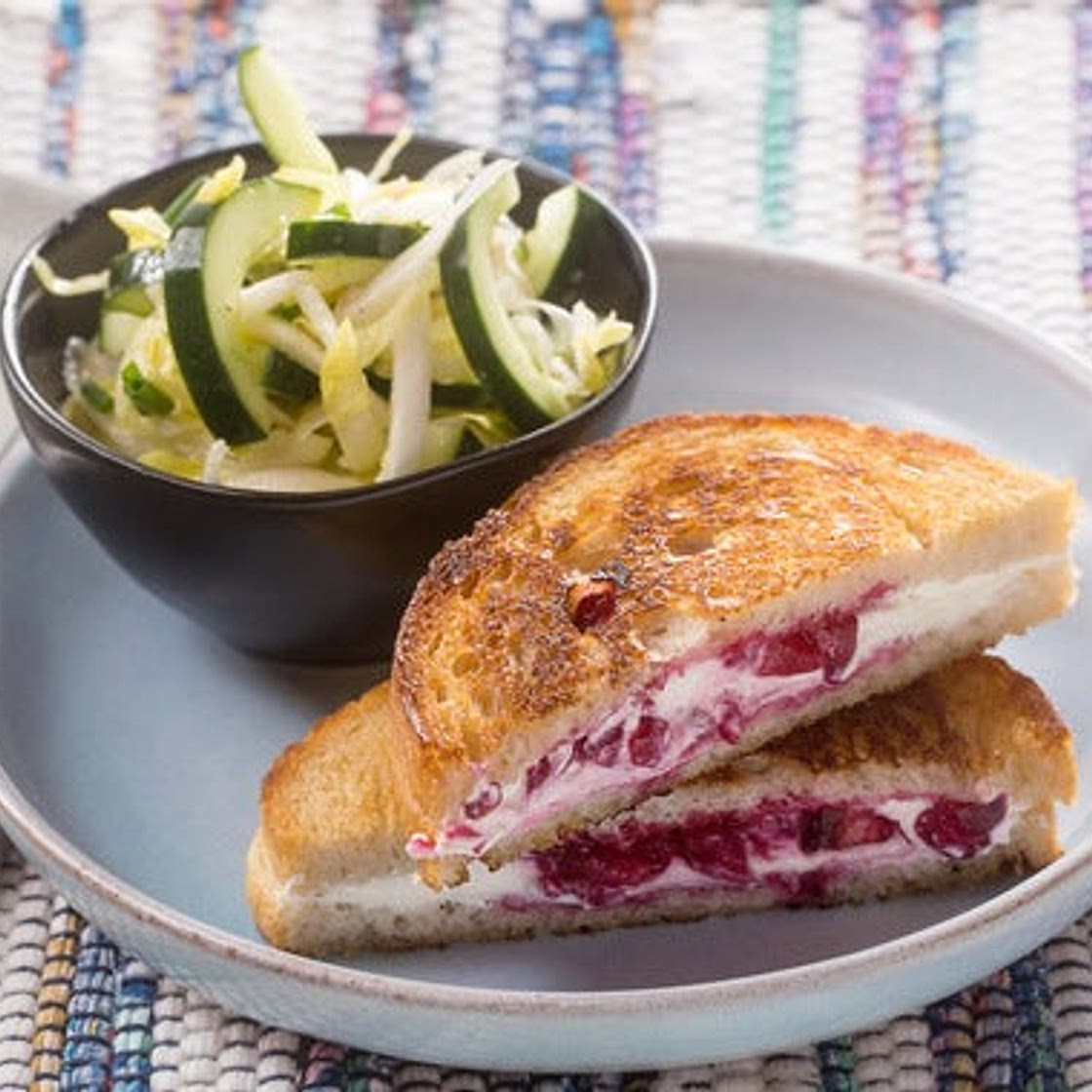 Grilled Goat Cheese & Plum Jam Sandwiches with Endive & Marinated Cucumber Salad