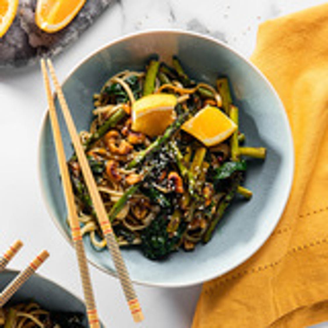 Sesame Orange Udon with Asparagus and Gingered Cashews