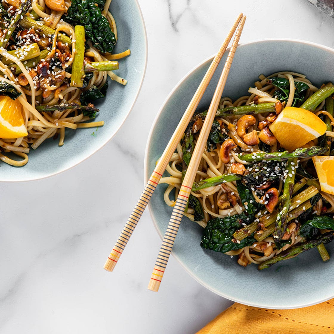 Sesame Orange Udon with Asparagus and Gingered Cashews