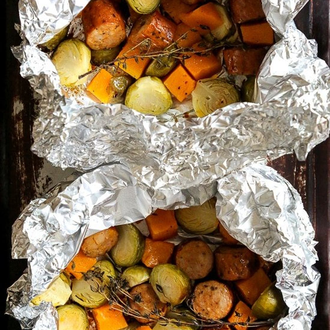Spicy Sausage and Brussel Sprouts Foil Packets