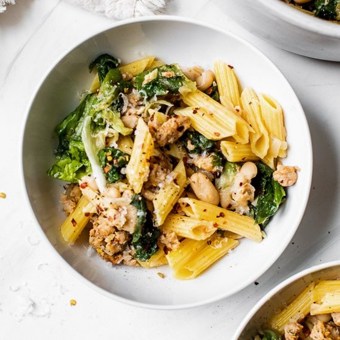 Pasta with Italian Chicken Sausage, Escarole and Beans