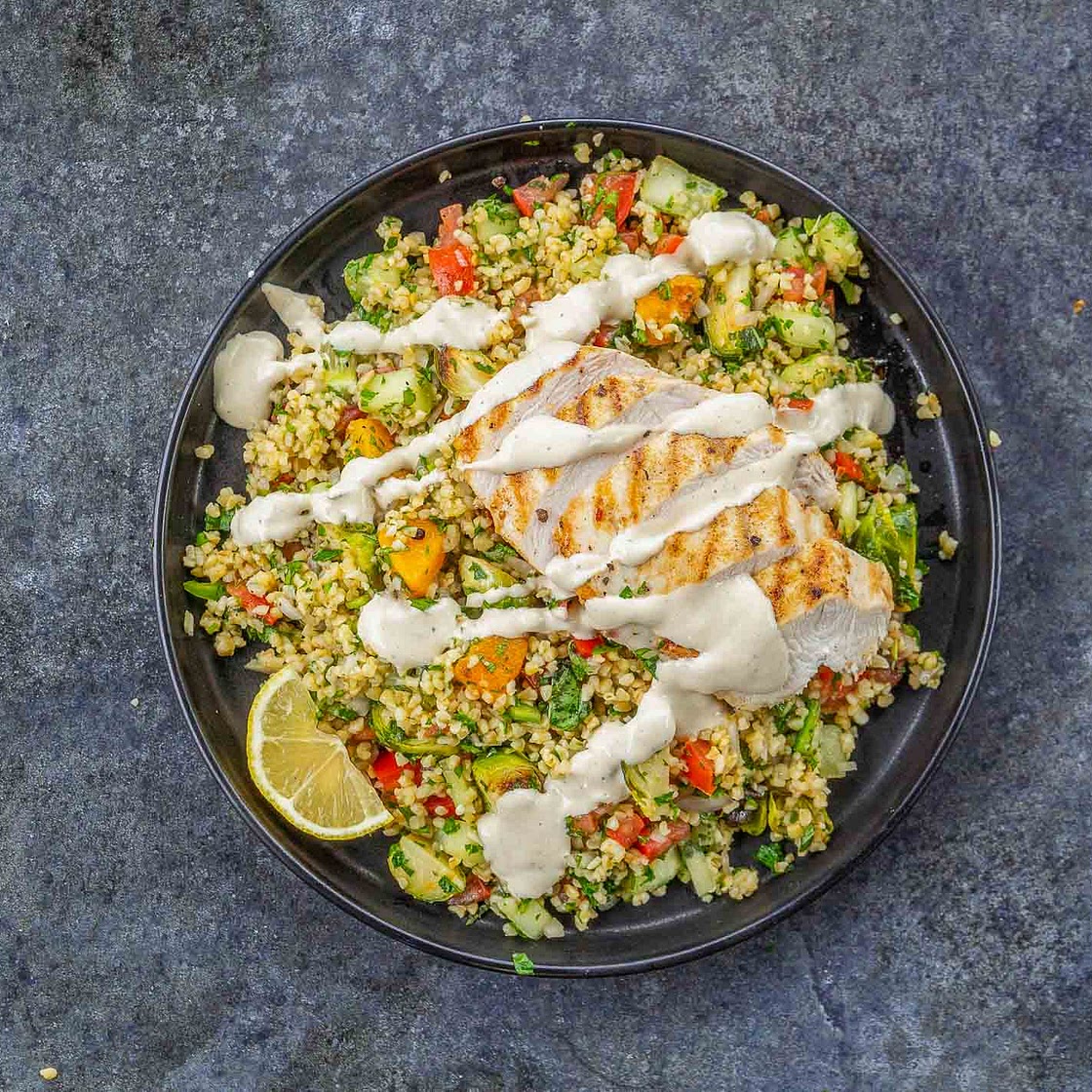 Chicken Tabbouleh Recipe With Roasted Veggies & Tahini