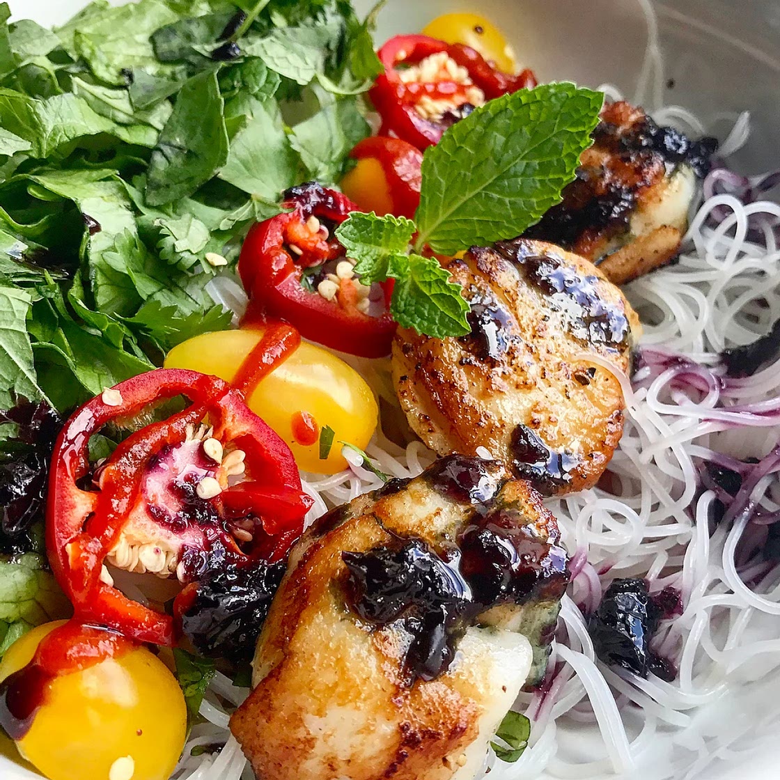 Seared Scallop Vermicelli Bowl w/ Ginger Honey Blueberry Sauce
