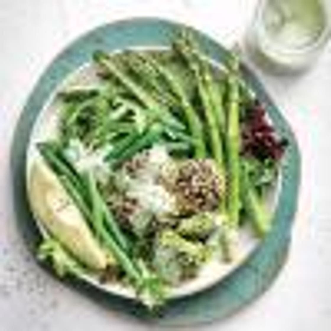 Edamame falafel bowl with creamy herb dressing