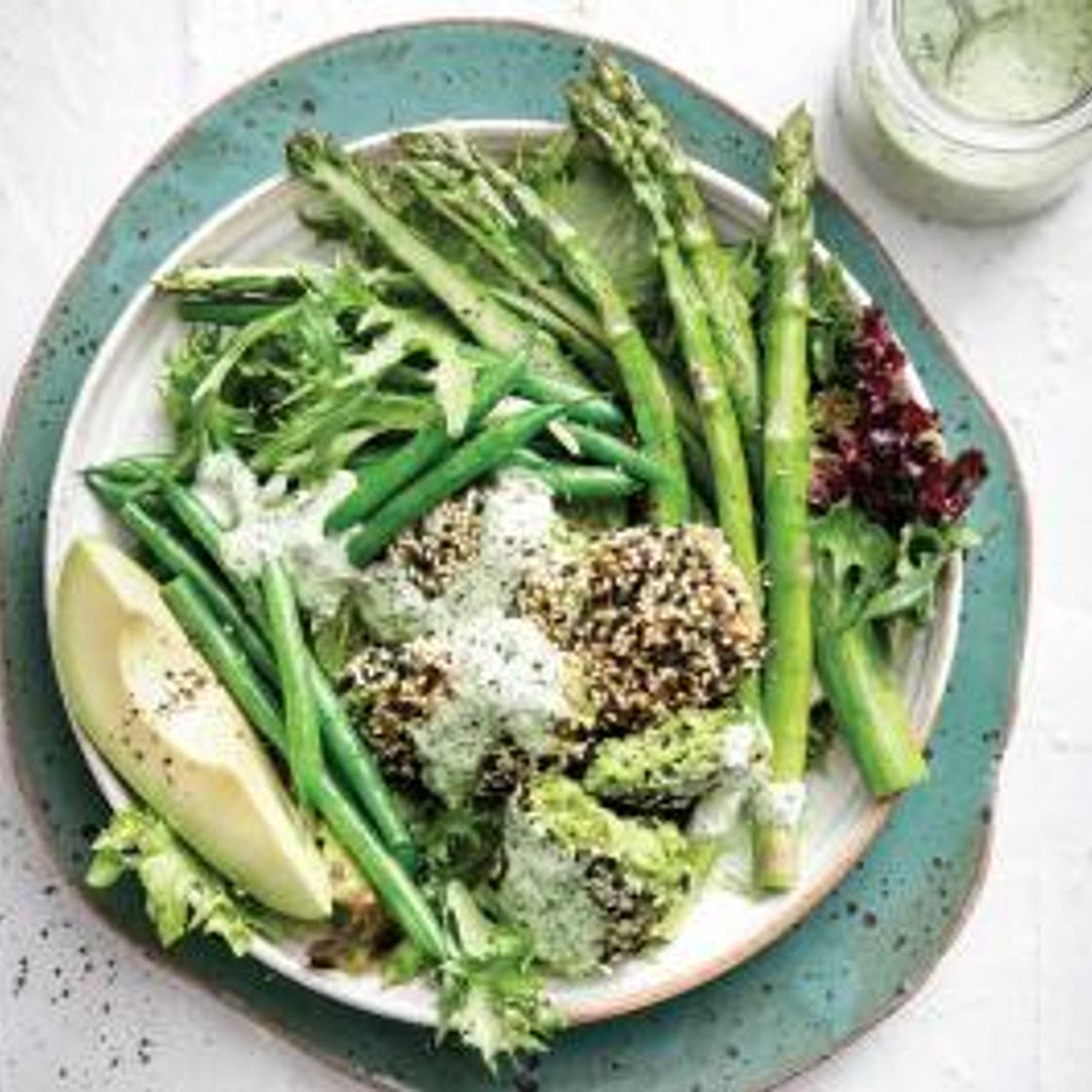 Edamame falafel bowl with creamy herb dressing