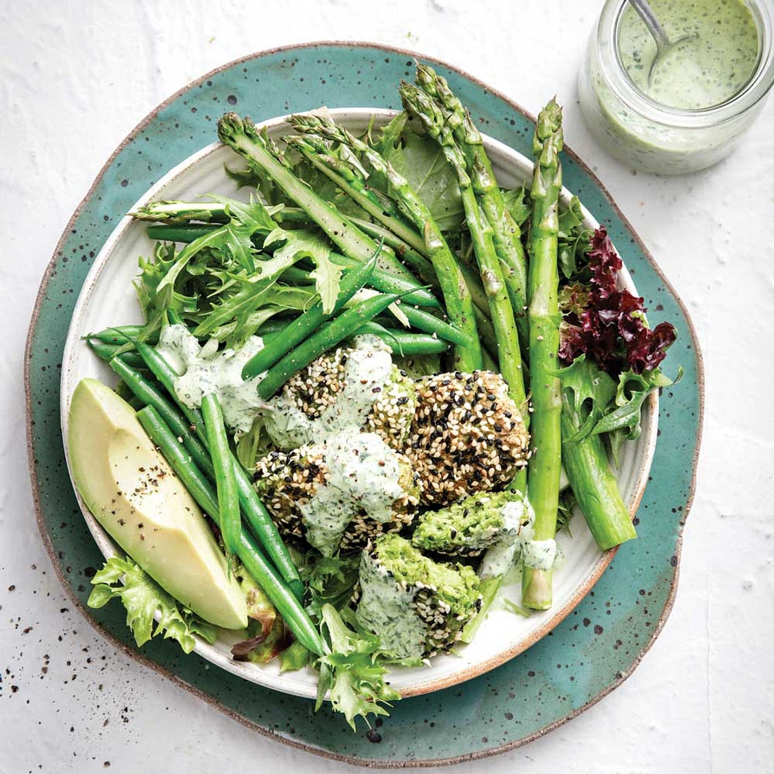 Edamame falafel bowl with creamy herb dressing